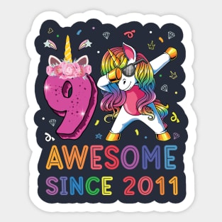 Awesome Since 2011 Dabbing Unicorn Shirt 9th Birthday Party Sticker